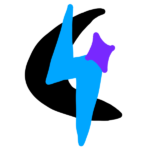 Blue lightning bolt with a black crescent moon behind it and a purple star next to it